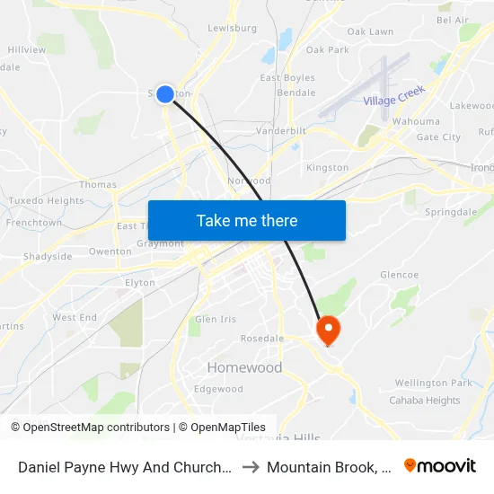 Daniel Payne Hwy And Church St to Mountain Brook, AL map