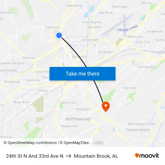 24th St N And 33rd Ave N to Mountain Brook, AL map