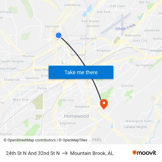 24th St N And 32nd St N to Mountain Brook, AL map