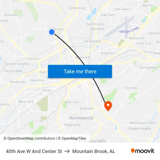 40th Ave W And Center St to Mountain Brook, AL map