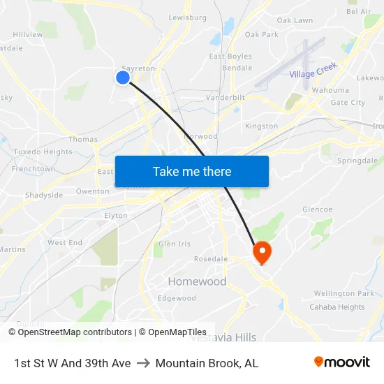 1st St W And 39th Ave to Mountain Brook, AL map