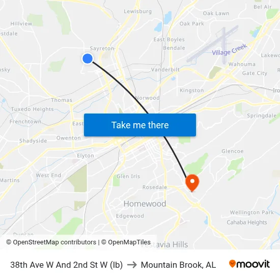 38th Ave W And 2nd St W (Ib) to Mountain Brook, AL map