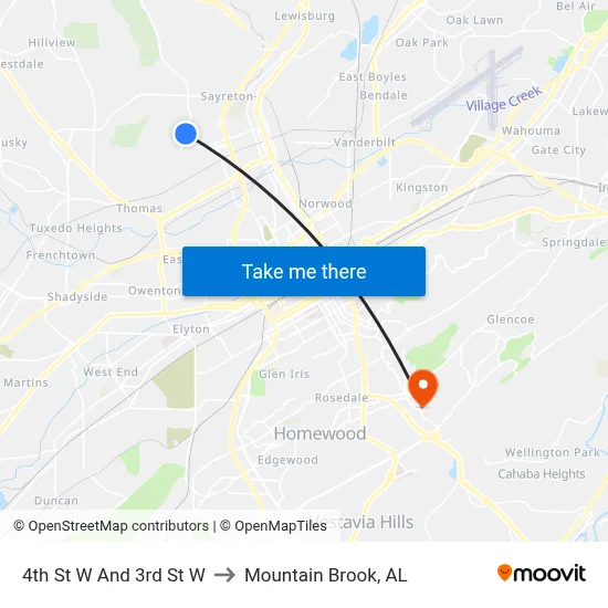 4th St W And 3rd St W to Mountain Brook, AL map