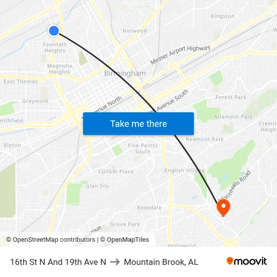 16th St N And 19th Ave N to Mountain Brook, AL map