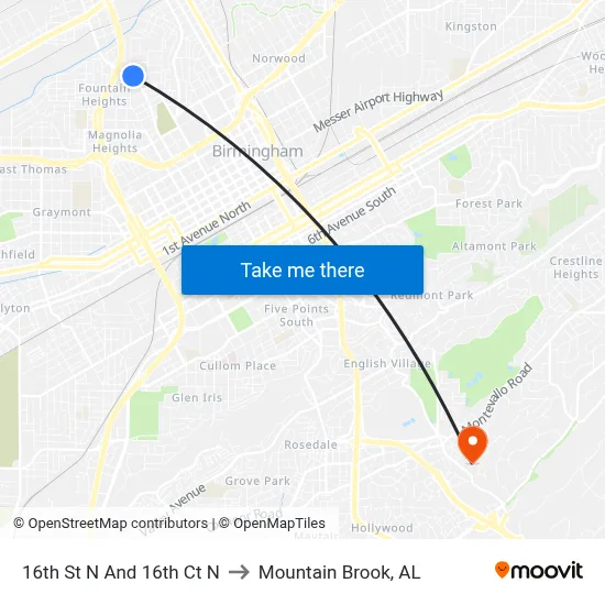 16th St N And 16th Ct N to Mountain Brook, AL map