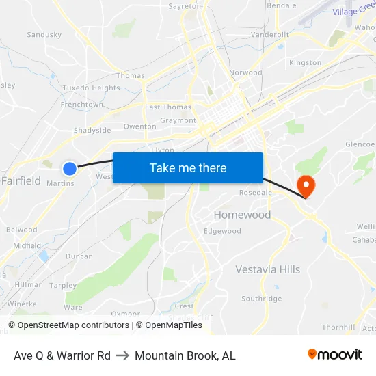 Ave Q & Warrior Rd to Mountain Brook, AL map