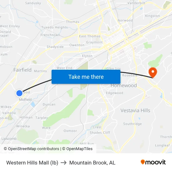Western Hills Mall (Ib) to Mountain Brook, AL map