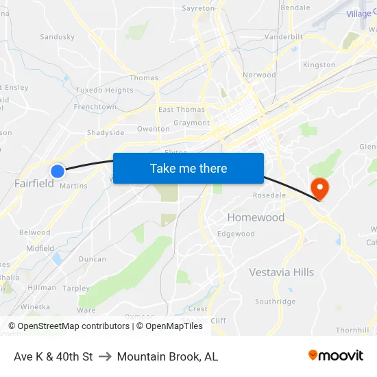 Ave K & 40th St to Mountain Brook, AL map