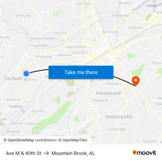 Ave M & 40th St to Mountain Brook, AL map