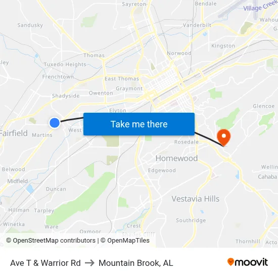 Ave T & Warrior Rd to Mountain Brook, AL map