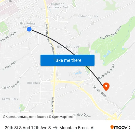20th St S And 12th Ave S to Mountain Brook, AL map