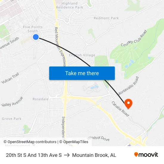 20th St S And 13th Ave S to Mountain Brook, AL map