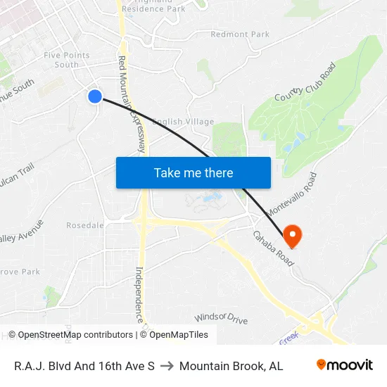 R.A.J. Blvd And 16th Ave S to Mountain Brook, AL map