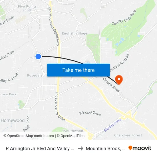 R Arrington Jr Blvd And Valley Ave to Mountain Brook, AL map