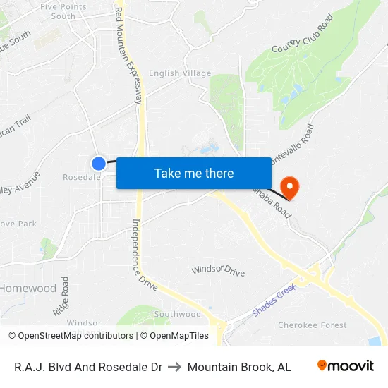 R.A.J. Blvd And Rosedale Dr to Mountain Brook, AL map