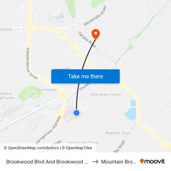 Brookwood Blvd And Brookwood Med Cntr Dr to Mountain Brook, AL map