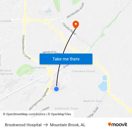 Brookwood Hospital to Mountain Brook, AL map