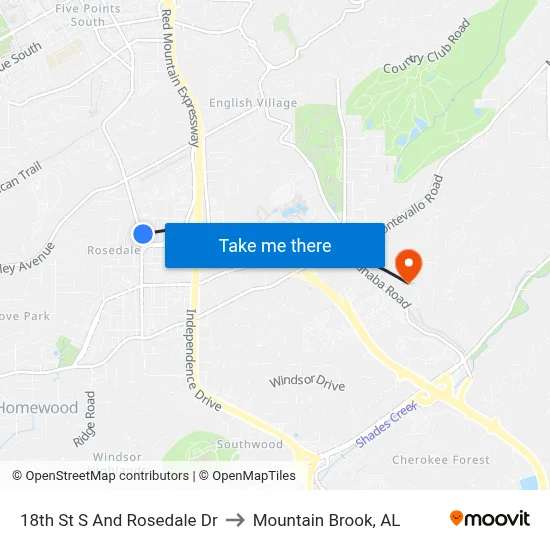 18th St S And Rosedale Dr to Mountain Brook, AL map