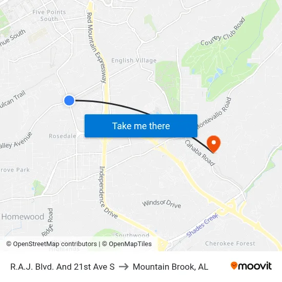 R.A.J. Blvd. And 21st Ave S to Mountain Brook, AL map
