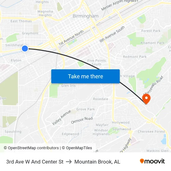 3rd Ave W And Center St to Mountain Brook, AL map