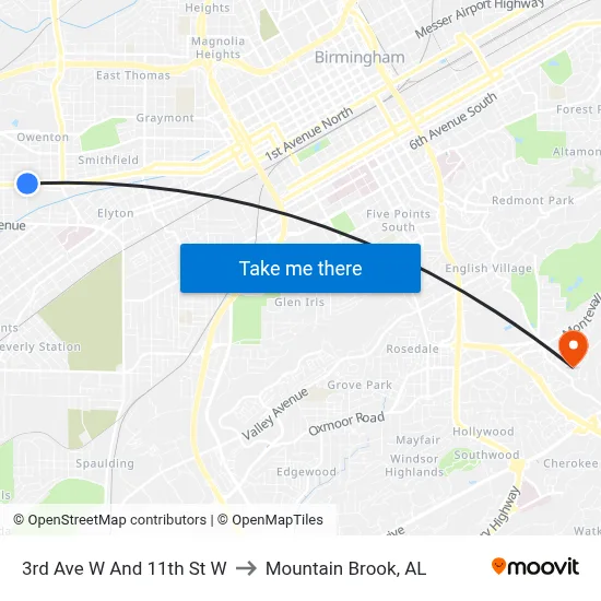 3rd Ave W And 11th St W to Mountain Brook, AL map