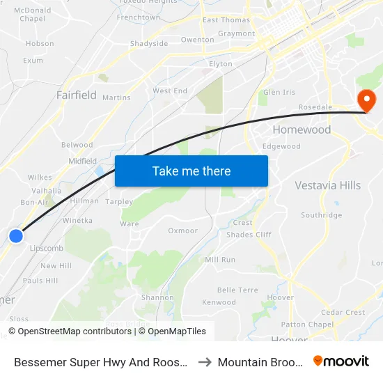 Bessemer Super Hwy And Roosevelt St to Mountain Brook, AL map