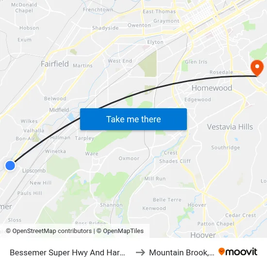 Bessemer Super Hwy And Harmer St to Mountain Brook, AL map