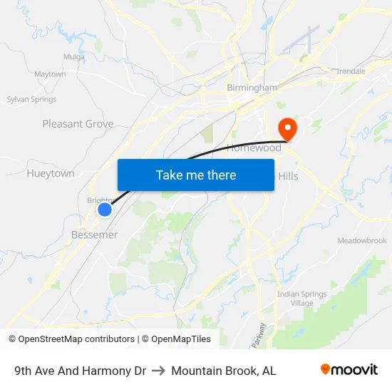 9th Ave And Harmony Dr to Mountain Brook, AL map