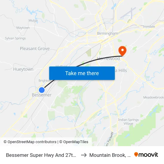 Bessemer Super Hwy And 27th St to Mountain Brook, AL map