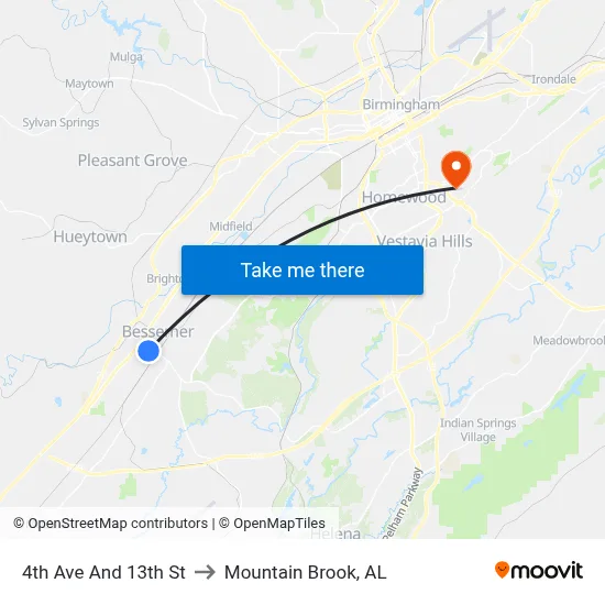 4th Ave And 13th St to Mountain Brook, AL map