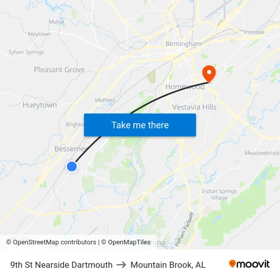 9th St Nearside Dartmouth to Mountain Brook, AL map