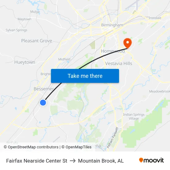 Fairfax Nearside Center St to Mountain Brook, AL map