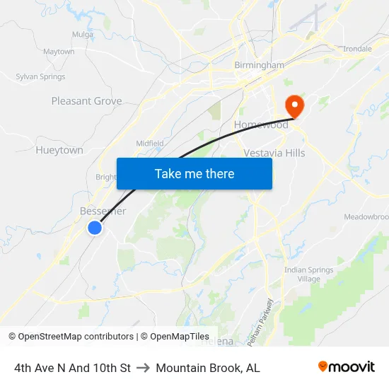 4th Ave N And 10th St to Mountain Brook, AL map