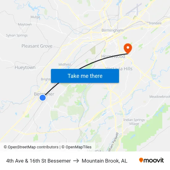 4th Ave & 16th St Bessemer to Mountain Brook, AL map