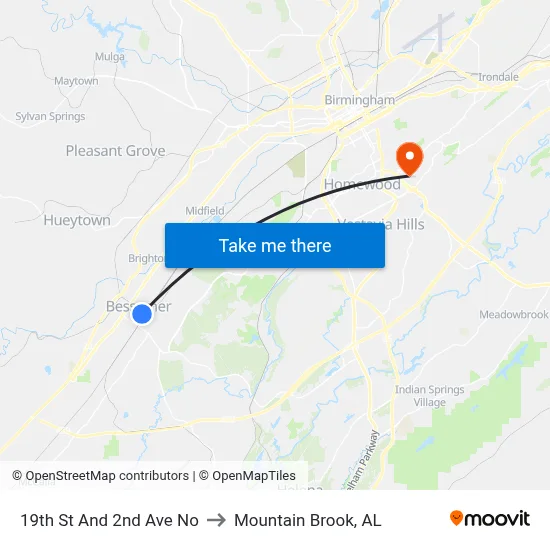 19th St And 2nd Ave No to Mountain Brook, AL map