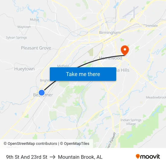 9th St And 23rd St to Mountain Brook, AL map