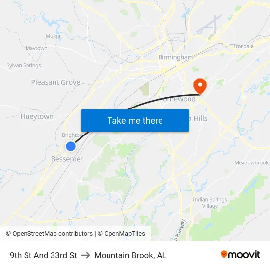 9th St And 33rd St to Mountain Brook, AL map
