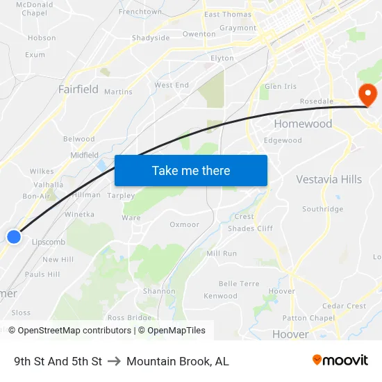 9th St And 5th St to Mountain Brook, AL map