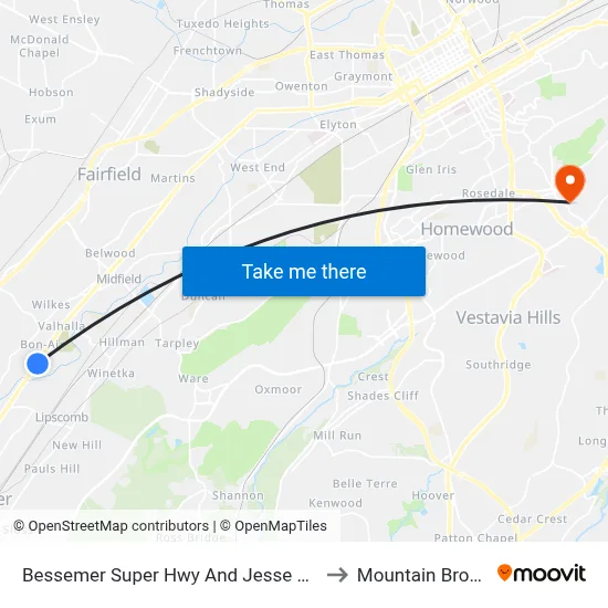 Bessemer Super Hwy And Jesse Owens Ave to Mountain Brook, AL map