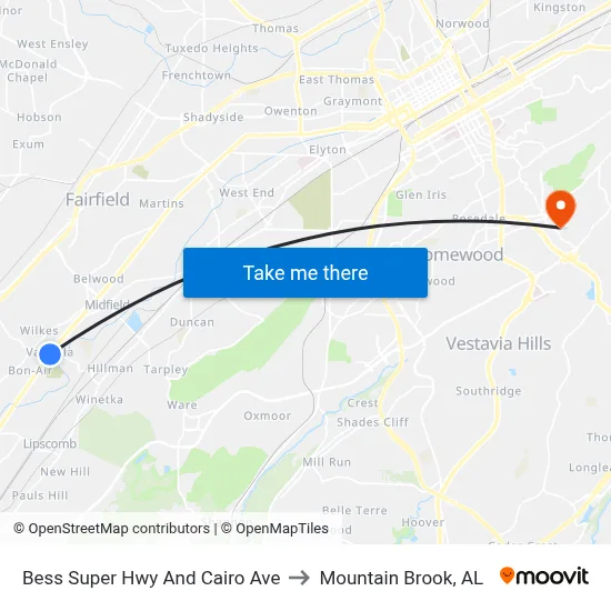 Bess Super Hwy And Cairo Ave to Mountain Brook, AL map