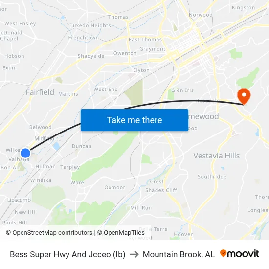 Bess Super Hwy And Jcceo (Ib) to Mountain Brook, AL map