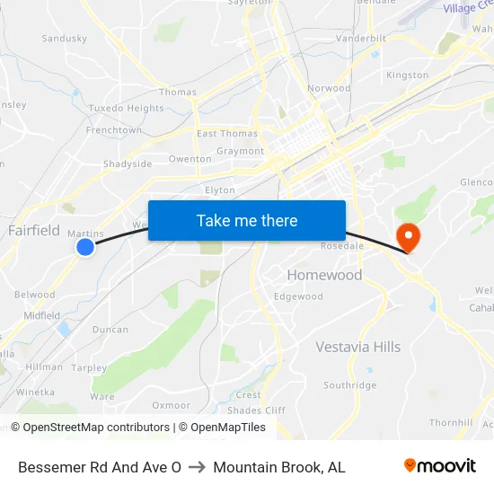 Bessemer Rd And Ave O to Mountain Brook, AL map