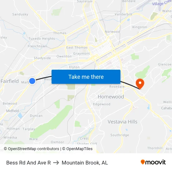 Bess Rd And Ave R to Mountain Brook, AL map