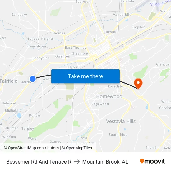 Bessemer Rd And Terrace R to Mountain Brook, AL map