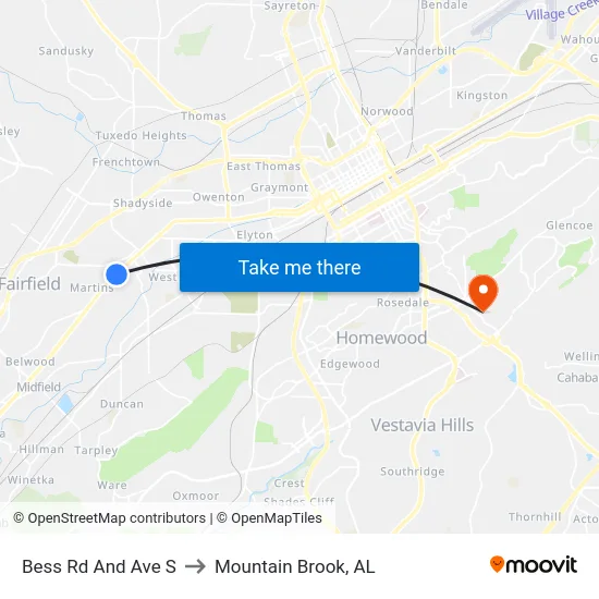 Bess Rd And Ave S to Mountain Brook, AL map