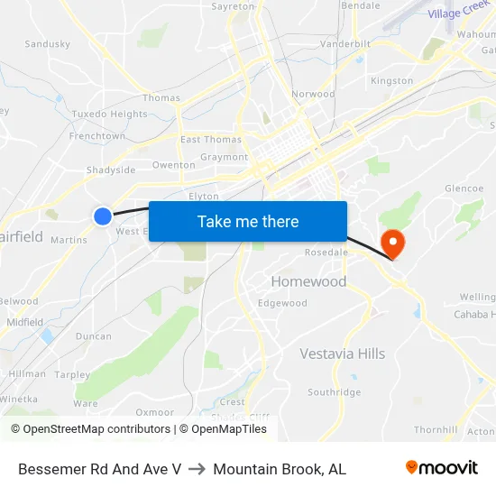 Bessemer Rd And Ave V to Mountain Brook, AL map