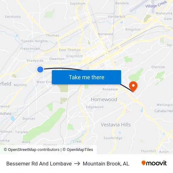 Bessemer Rd And Lombave to Mountain Brook, AL map