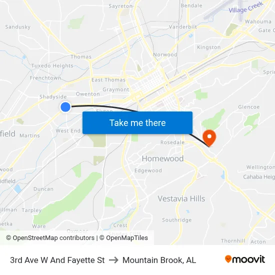 3rd Ave W And Fayette St to Mountain Brook, AL map