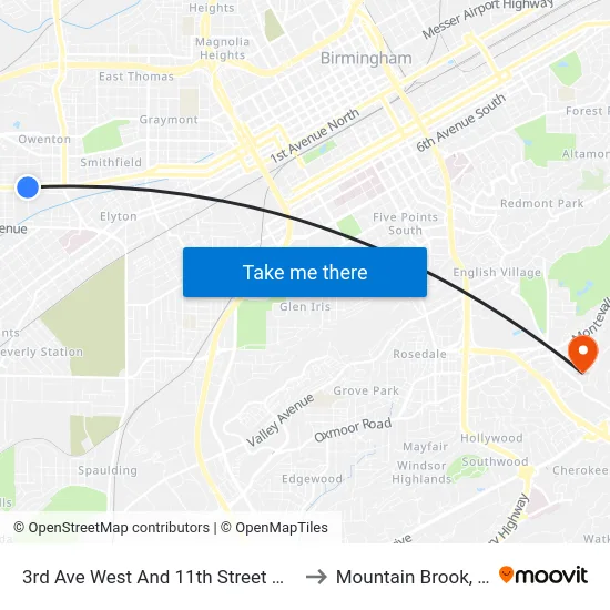 3rd Ave West And 11th Street West to Mountain Brook, AL map