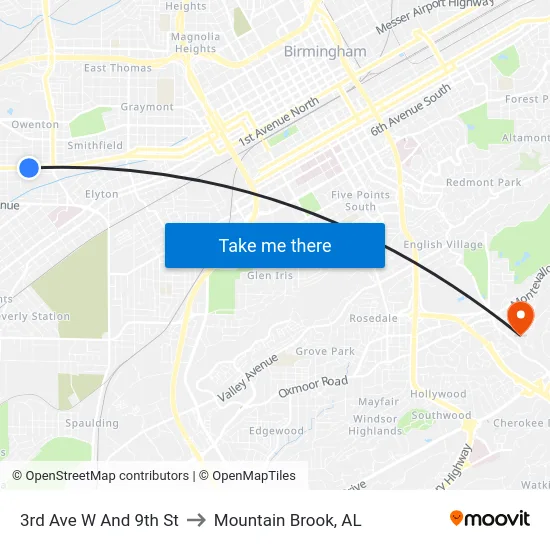 3rd Ave W And 9th St to Mountain Brook, AL map